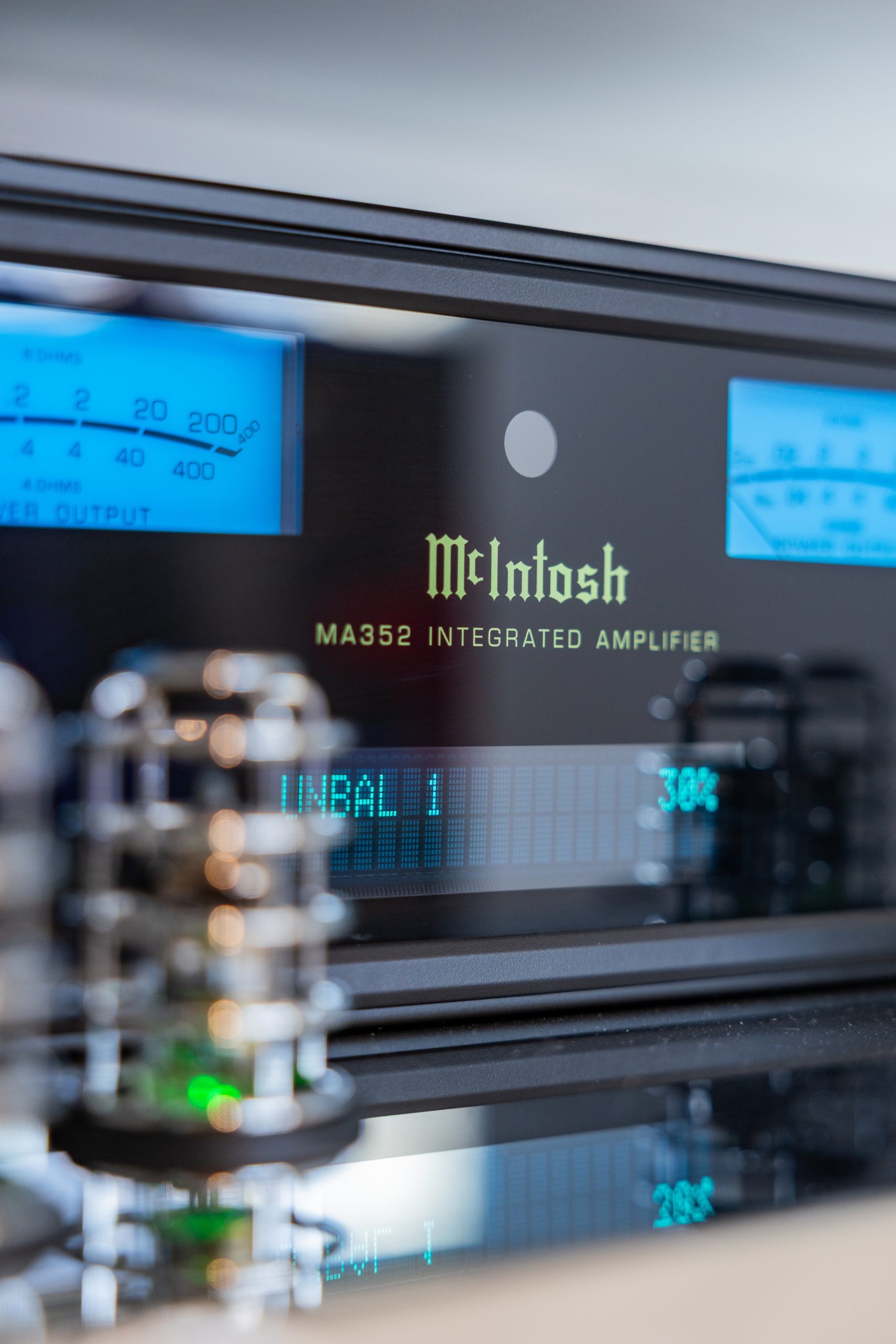 McIntosh amplifier with blue Watt meters for high-end audio