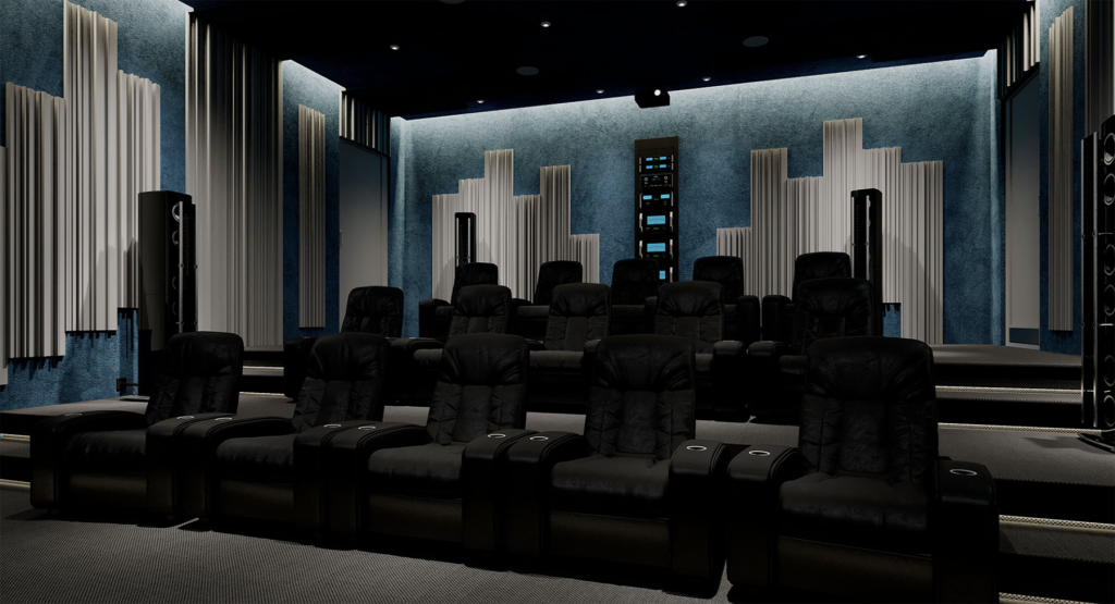 Home theater with projection, surround sound, seating, and integrated control
