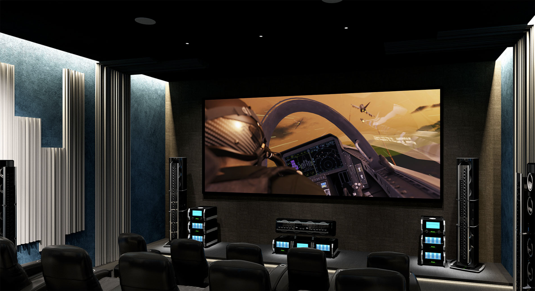 Private home theater with projection screen, equipment rack, surround sound, and integrated control
