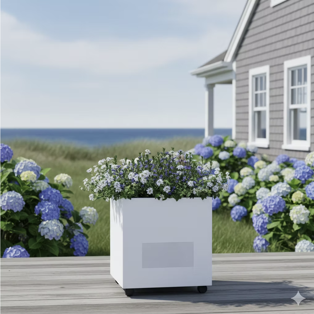 Hidden outdoor audio solution with planter speaker for a Jersey Shore home