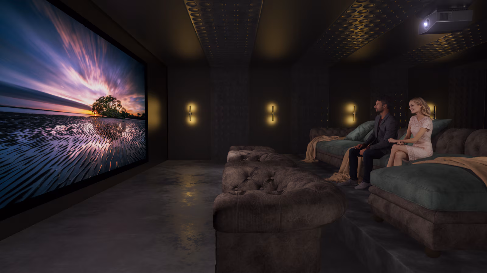 Home theater room with seating, projection, lighting, and acoustic details designed for an immersive viewing experience