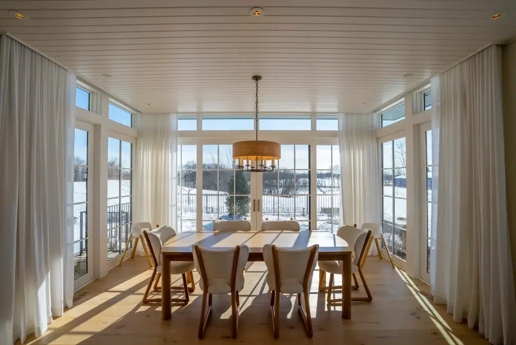 James small aperture speakers with discreet ceiling grilles integrated into a modern dining room